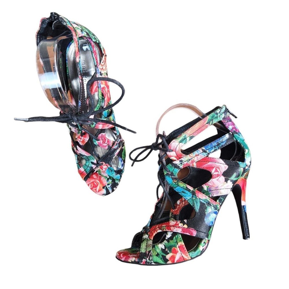 Madden Girl Floral Lace-Up Open-Toe High Heels With Back Zipper & Cutout Design